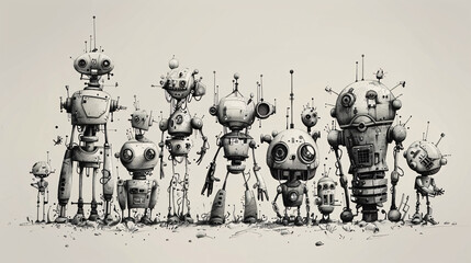 Obraz premium Black and white sketch of various mechanical robots, a nostalgic concept in modern design