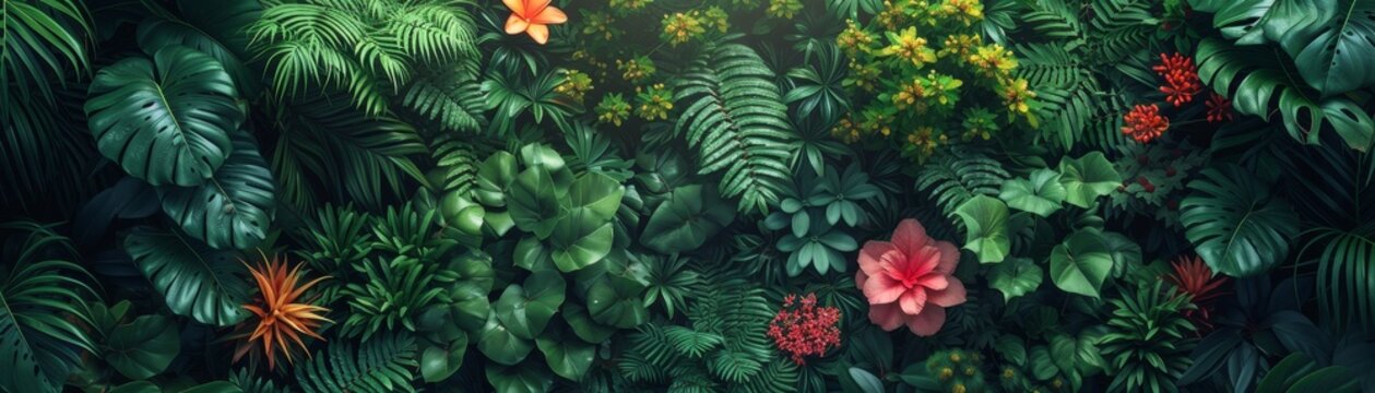 Fototapeta dense tropical jungle background from a bird's-eye view, rich greenery interspersed with vibrant flowers