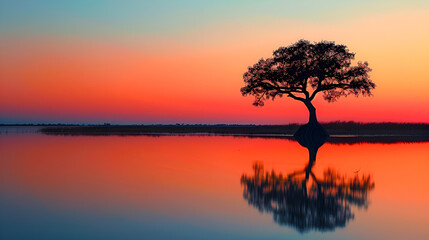 Fototapeta premium Solitary Tree in Lake at Sunset with Reflective Branches and Serene Atmosphere