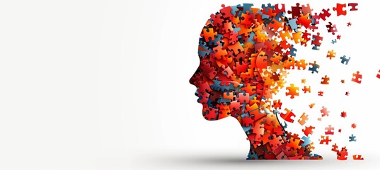 Multicolored puzzle pieces form the profile of an adult head, symbolizing mental health and creativity on a white background
