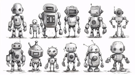 Obraz premium Black and white sketch of various mechanical robots, a nostalgic concept in modern design