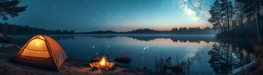 tranquil summer camping scene, tent pitched by a serene lake with a campfire glowing softly under...