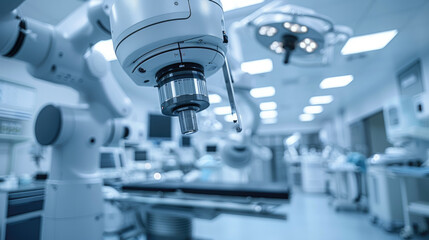 High tech health care with robotic tools showcased in a modern medical facility. Close-up of innovative surgery tools in sleek design, emphasizing advanced health technology.