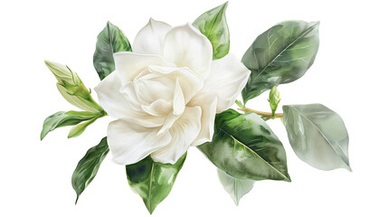 Fototapeta premium A beautiful white gardenia flower and branch in watercolor painting style on a transparent background. Isolated of botanical flowers and leaves for decoration elements in pastel colors.