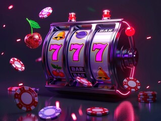 a slot machine with neon lights and casino chips falling around on dark background