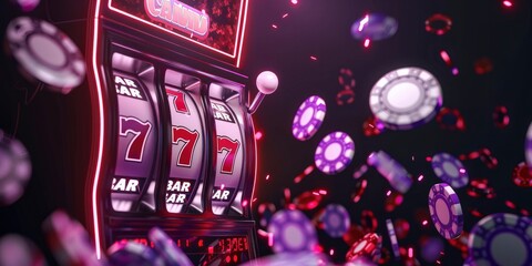 a slot machine with neon lights and casino chips falling around on dark background