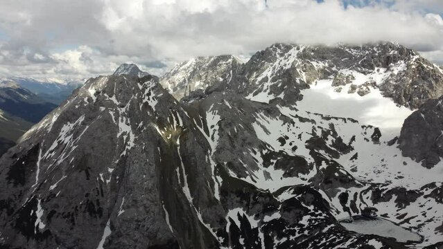 Aerial view of Seebensee lake with Zugspitze in the background, Alpine landscape in spring