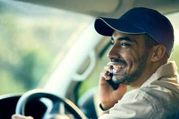 Phone, call, delivery man or driver talking in car for cargo, stock or package address in shipping...
