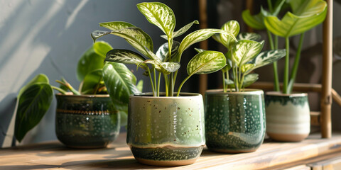 Collection of Potted Green Plants on Wooden Shelf