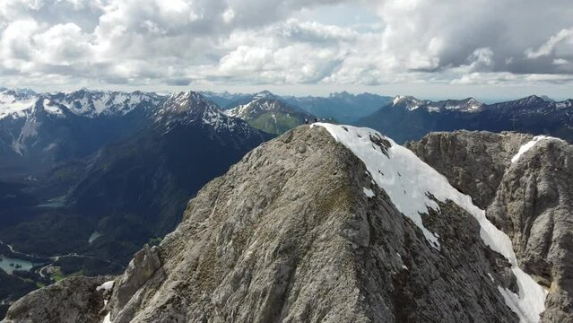 Aerial drone view of snow covered Alps in Ehrwald, Austria