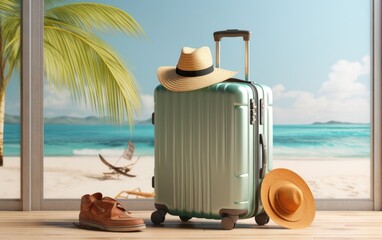 Suitcase and a hat, holiday concept. AI generated