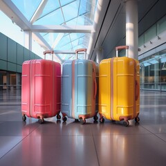 Many multi-colored suitcases in a station. AI generated