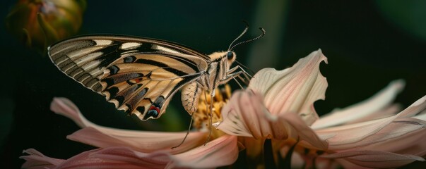 A closeup of a butterfly resting on the edge of a flower petal.