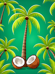 cartoon coconut tree and coconuts, green color, design for wallpaper