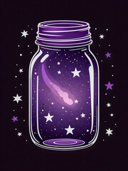 cartoon mason jar with purple color, stars and galaxies