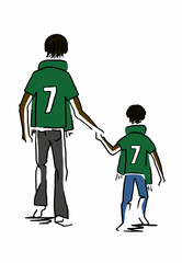 Parent And Child Hand In Hand Football Fan Illustration Green Shirt On White Background