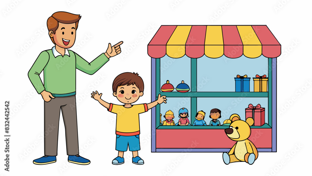 Fototapete A parent and child standing in front of a toy store display surrounded by various toys. The child is pointing to a specific toy while the parent is. Cartoon Vector.