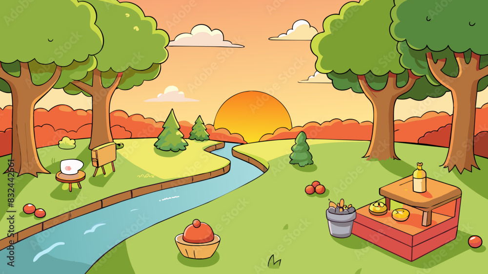 Poster A peaceful atmosphere with a gentle breeze rustling through the trees. A small stream flows nearby creating a soothing background noise. The setting. Cartoon Vector.