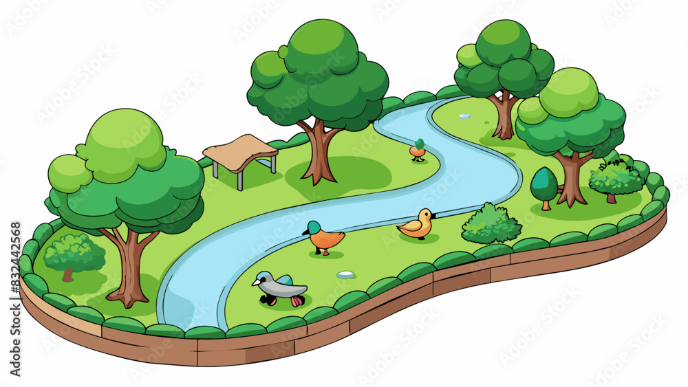 Poster A peaceful park with winding paths towering trees and a tranquil pond where ducks swim lazily.. Cartoon Vector.