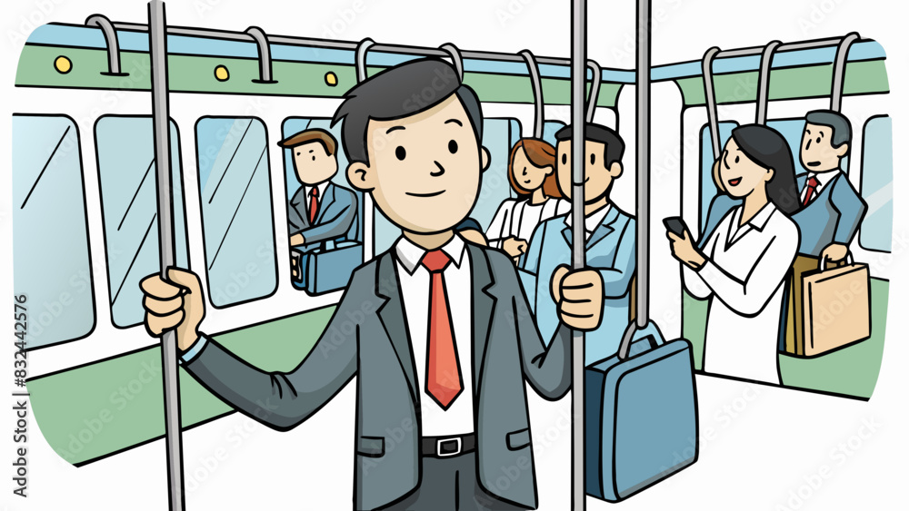 Poster a passenger on a crowded subway standing in the middle of the crowded car. they are holding onto a p