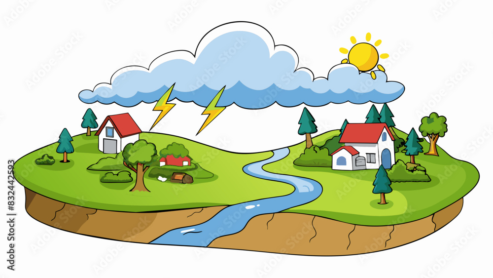 Poster a peaceful countryside landscape transformed by a sudden and violent storm with powerful winds and t