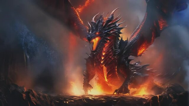 Fiery dragon perched on molten rock, wings ablaze in a mystical fantasy setting.
