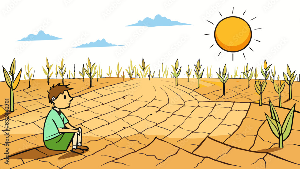 Poster a person sitting in a barren dry field surrounded by wilted crops. the sun is shining harshly and th