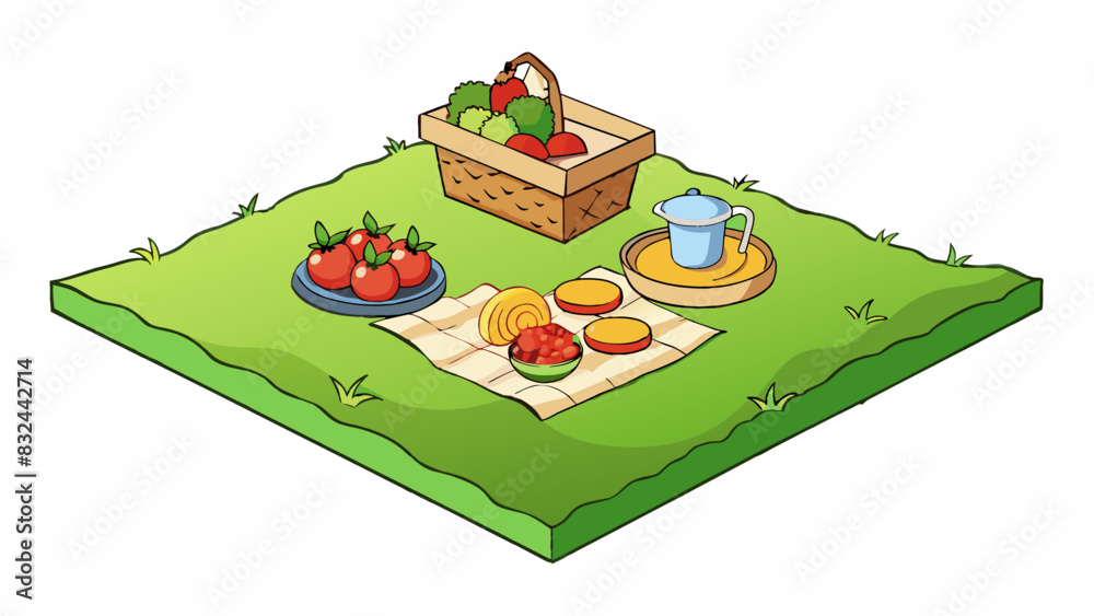Aufkleber a picnic blanket spread out on a patch of green grass with a basket of fruits and sandwiches waiting