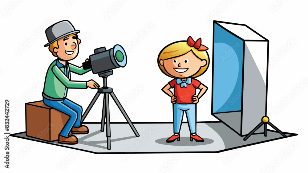 Poster a photographer positions a model in front of a white backdrop ready to capture the perfect shot. the