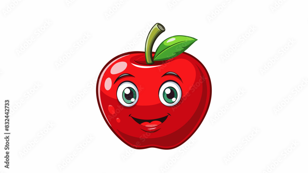 Poster a picture of a red apple shiny and ripe with a single leaf attached to its stem. the representation 