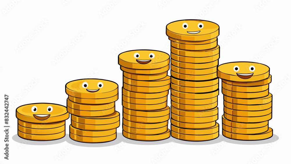 Poster A pile of coins The coins are stacked neatly on top of each other with the same value face up. They are shiny and reflective catching the light and. Cartoon Vector.