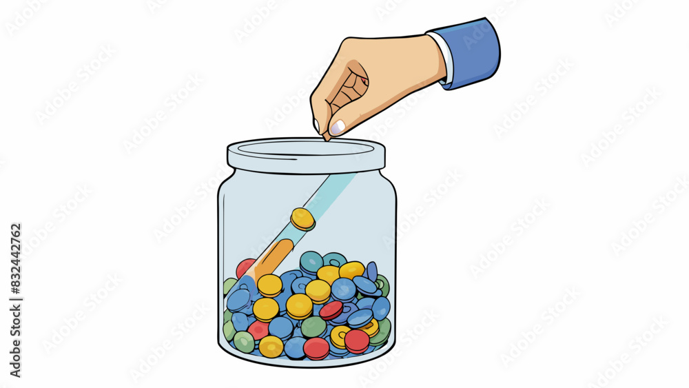 Poster a persons hand reaching into a clear glass jar filled with small colorful tokens. each token represe