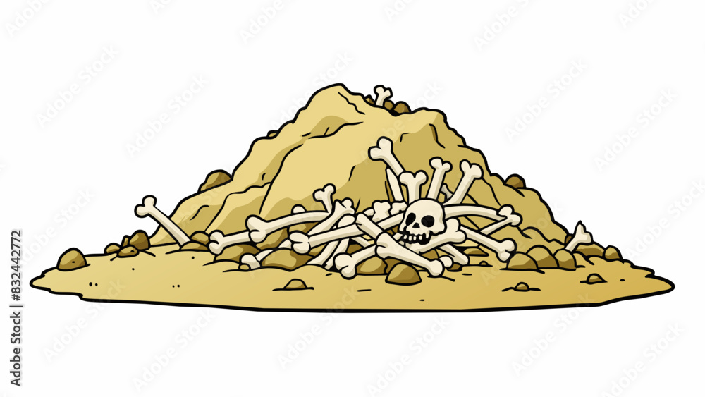 Poster A pile of bleached bones lay at the base of a steep cliff. The jagged edges and small bite marks indicated that it was likely the remains of a small. Cartoon Vector.