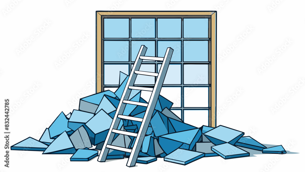 Poster A pile of broken glass sits in front of a shattered window with a ladder leaning against the wall. The glass shards are sharp and jagged indicating. Cartoon Vector.