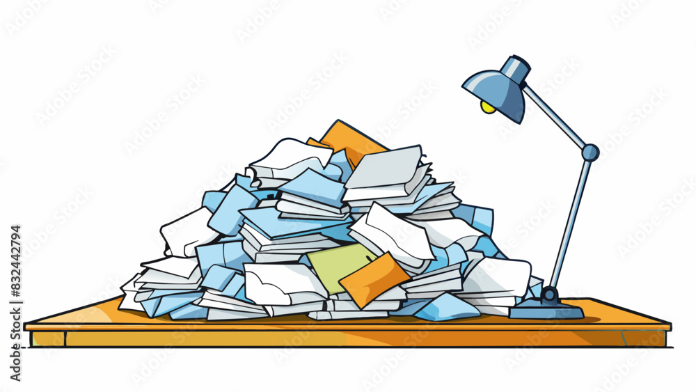 Poster a pile of cled papers tered on a desk signaling the stress and exhaustion of working beyond the expe