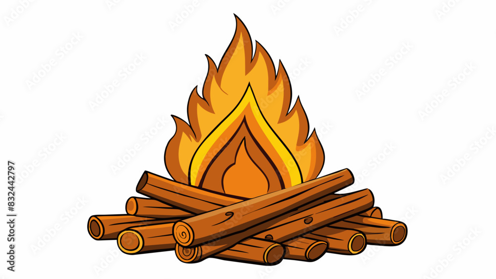 Poster a pile of dry brown sticks stacked neatly next to a campfire. as they are lit the sticks produce a c