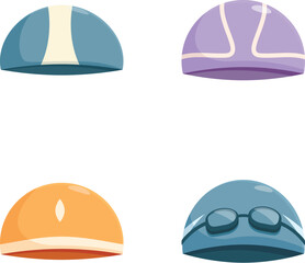 Set of four colorful cartoonstyle hats representing various professions and styles, isolated on a white background