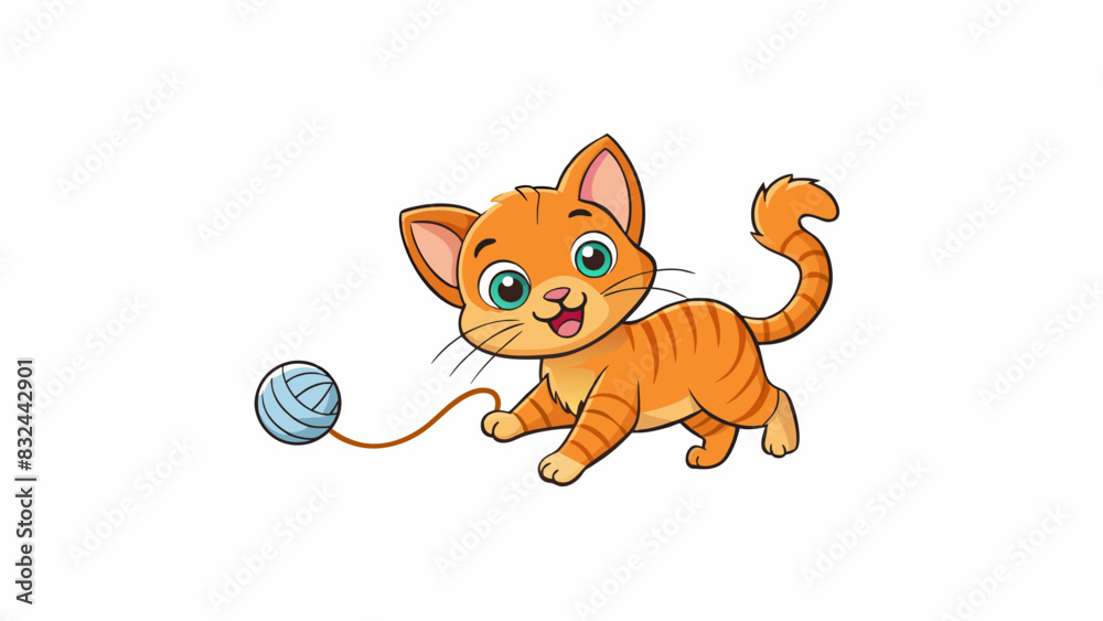 Poster a playful kitten chasing a ball of yarn pouncing and meowing with glee. its soft fur ruffles in the 