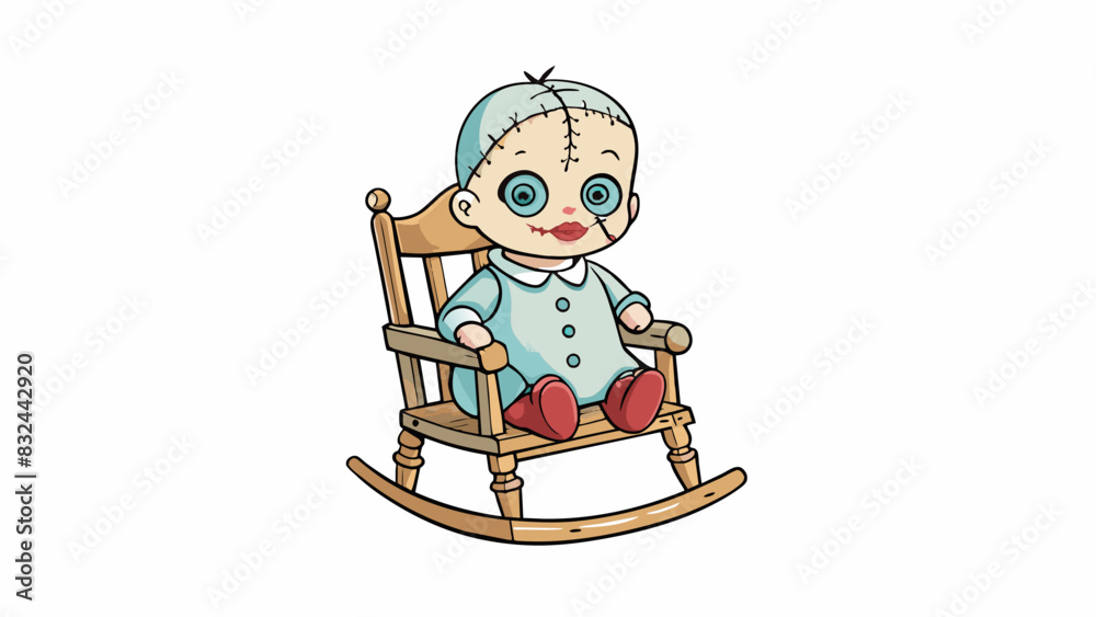 Poster A porcelain doll with chipped paint and missing eyes sits in a rocking chair in an empty nursery. Despite being motionless its head seems to turn and. Cartoon Vector.