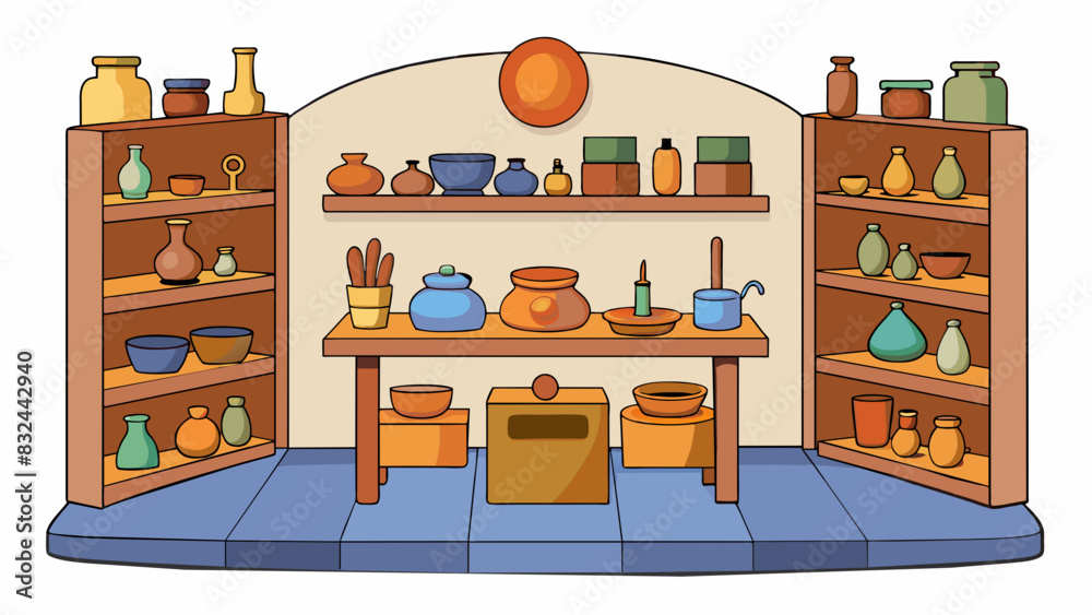 Poster a pottery studio with shelves filled with neatly organized clay tools and a potters wheel in the cen