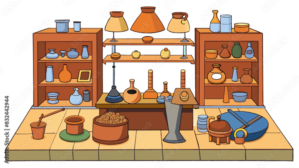 Poster A pottery workshop filled with tools and materials. Shelves lined with bowls plates and vases in various stages of completion. Some are just freshly. Cartoon Vector.