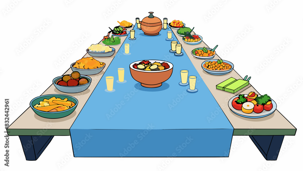 Poster a potluck dinner where each dish brought by different guests contributes to the meal. the dishes are