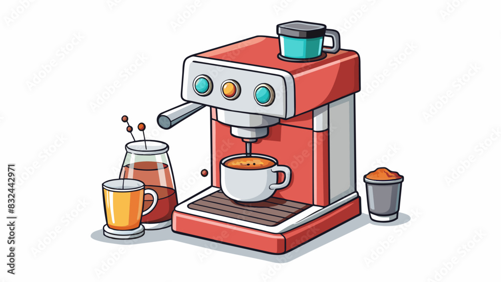 Poster A print advertit for a new coffee maker featuring a shiny silver machine with multiple buttons and settings. A steaming cup of rich dark coffee sits. Cartoon Vector.