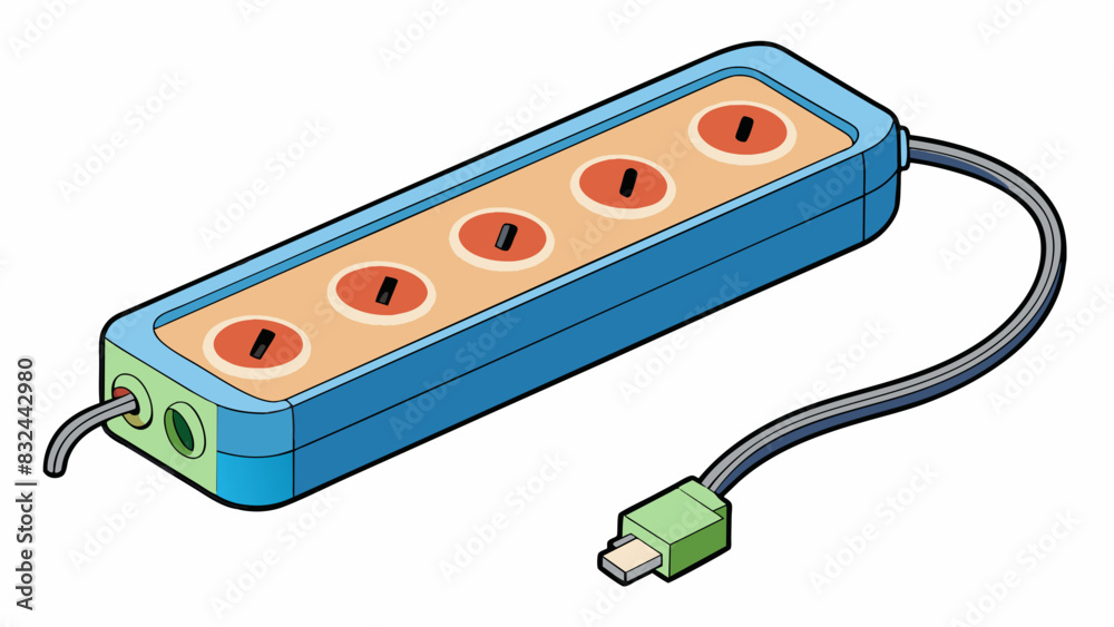 Poster A power strip with a builtin surge protector that has a bypass switch allowing electricity to still flow to connected devices even if the surge. Cartoon Vector.