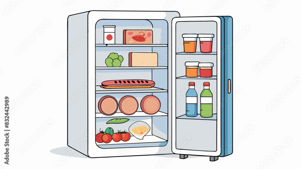 Poster A proper way to store food in the refrigerator is to label and date all items place raw meat on the lowest shelf and keep produce in separate drawers.. Cartoon Vector.