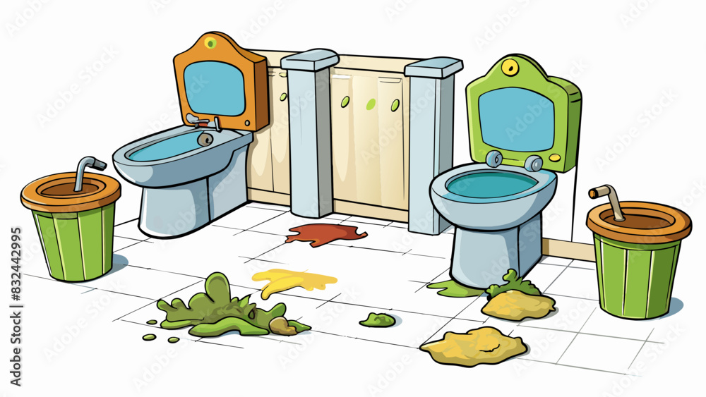 Poster A public restroom with dirty floors overflowing garbage cans and grimy stalls. The bowl is stained and the sinks are covered in toothpaste and soap. Cartoon Vector.