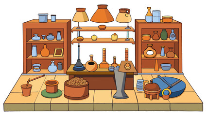 A pottery workshop filled with tools and materials. Shelves lined with bowls plates and vases in various stages of completion. Some are just freshly. Cartoon Vector.