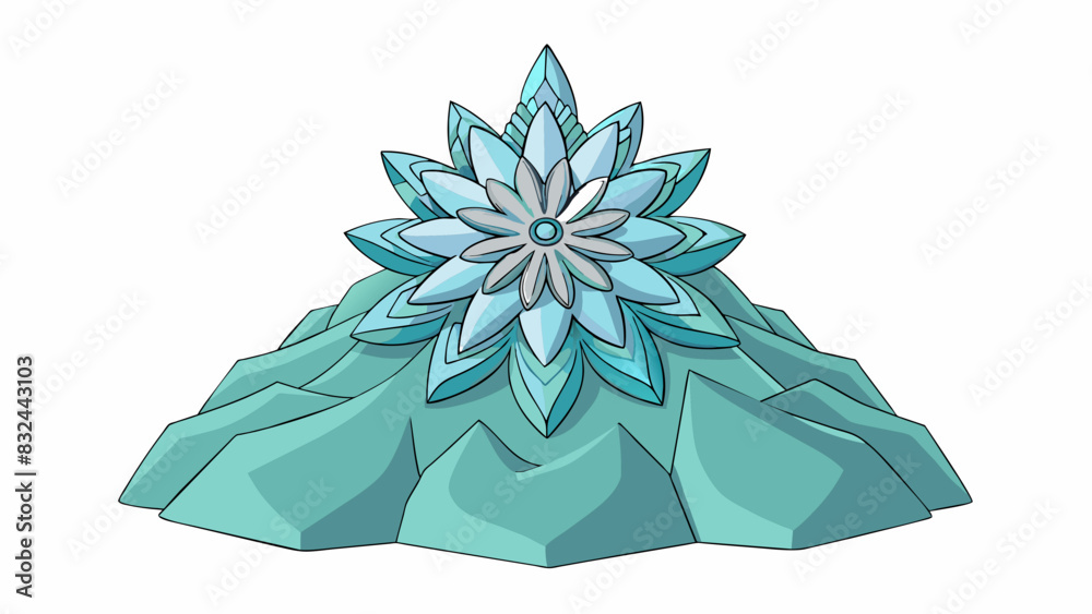 Poster A rare type of flower with intricate petals that resemble delicate snowflakes can only be found at the top of a secluded mountain peak.. Cartoon Vector.