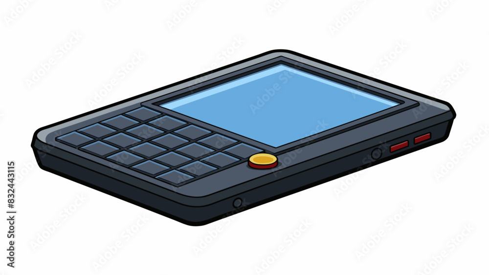 Aufkleber A rectangular black device with a small screen and several buttons that allows you to enter text and commands by typing on the keyboard.. Cartoon Vector.