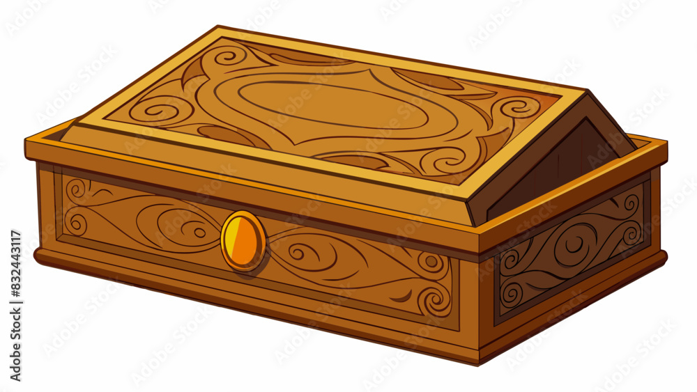 Poster A rectangular box with a hinged lid made of sy wood and adorned with intricate carvings. The lid opens to reveal a velvetlined interior.. Cartoon Vector.
